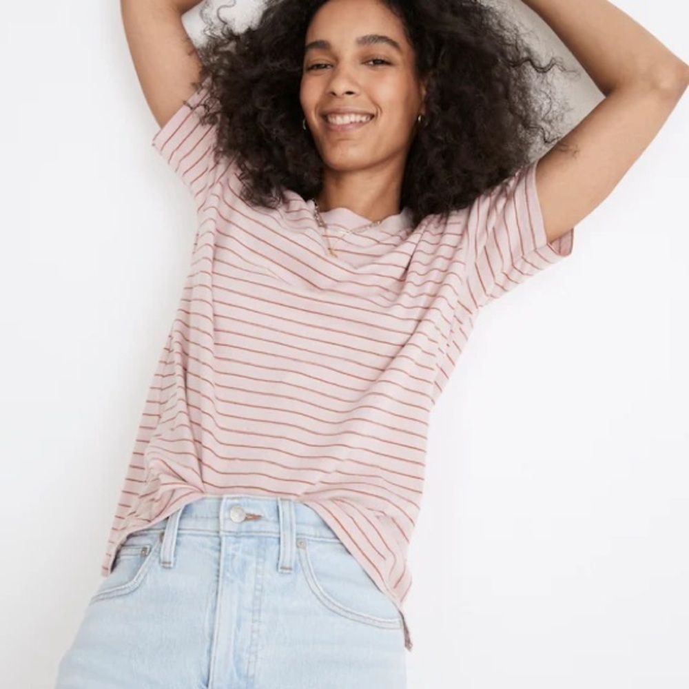 Madewell Softfade Cotton Oversized Tee Short Sleeve Pink Stripe Crewneck Shirt